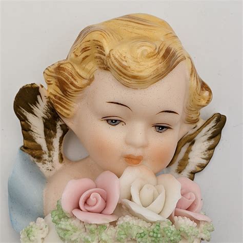 Vintage Tilso Japan Cherub Angel Face Porcelain Wall Hanging Roses