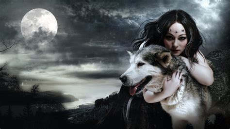 Lobo Forest Bautiful Woman Goth Fantasy Moon Gothic Dark Wolf Hd Wallpaper