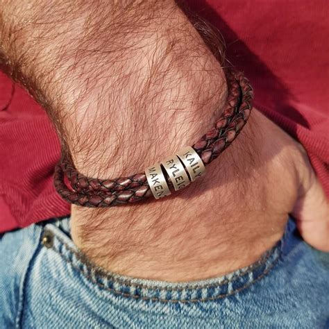 Personalized Men Brown Leather Bracelet With Small Custom Beads In