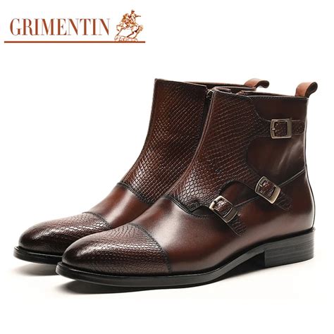 Grimentin Men Buckle Ankle Boots Genuine Leather Brown Fashion Cowboy