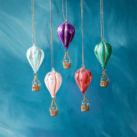 Colorful Hot Air Balloons Christmas Holiday Ornaments Set Of 5 Glass