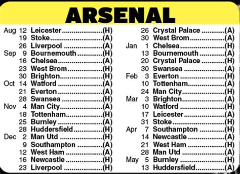 Arsenal Fixtures Premier League 2017 18 Fixtures Released Daily Star