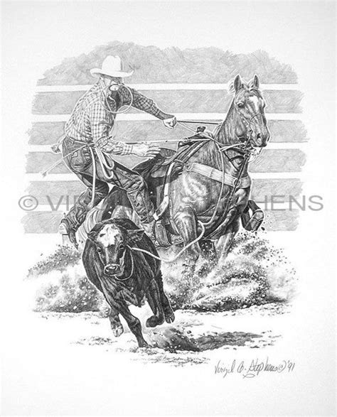 Calf Roping Drawing Of Rodeo Cowboy Calf Roping At The Rodeo Etsy