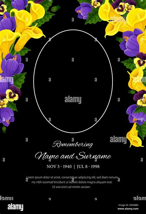 Funeral Card Vector Template Oval Frame For Photo Condolence Pansy