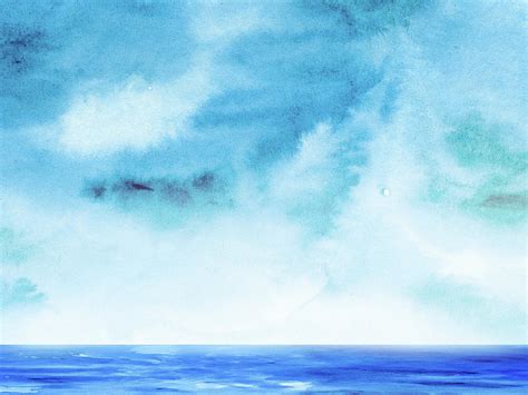 Ocean And Blue Sky Watercolor Ii Painting By Naxart Studio