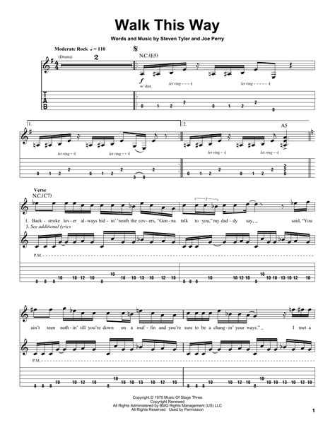 Walk This Way Sheet Music Aerosmith Guitar Tab Single Guitar