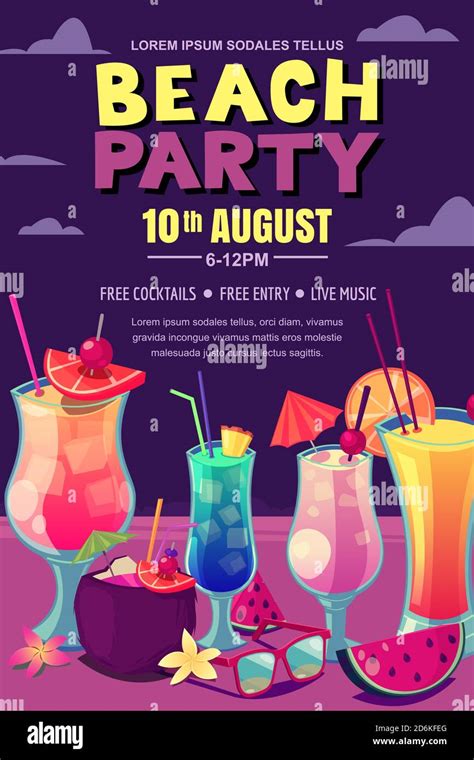 Cocktails Party On The Night Beach Vector Poster Banner Layout Tropical Bar Background With