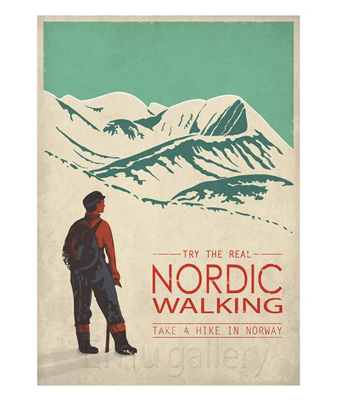 Retro Travel Poster Minimalist Print Nordic Walking Hike Norway