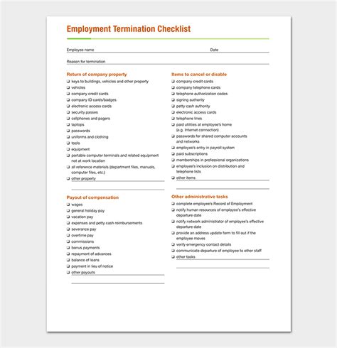 Termination Checklist Template Free For Word Doc Pdf