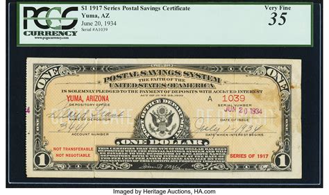 Yuma Az Postal Savings System Series 1917 1 June 20 1934 Pcgs Lot