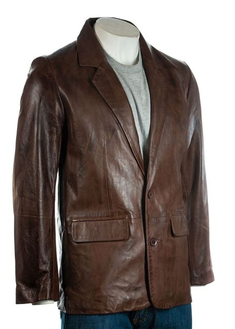 Mens Brown Classic Two Button Single Breasted Leather Blazer