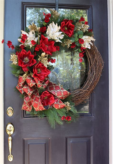 Large Christmas Wreath For Front Door Elegant Red And Gold Etsy Large