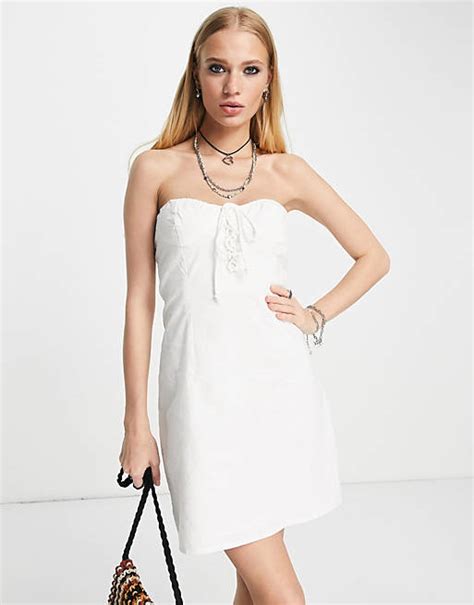 Bershka Lace Up Corset Detail Bandeau Dress In White Asos