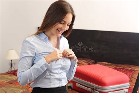 Business Woman Traveler Undressing In A Hotel Room Stock Image Image