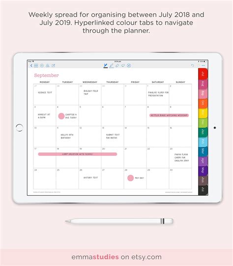 2018 19 Digital Weekly Planner With Coloured Tabs Customisable