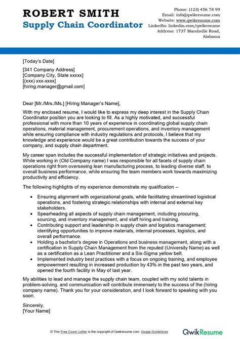 Supply Chain Coordinator Cover Letter Examples Qwikresume