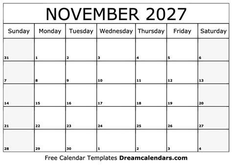 November 2027 Calendar Free Blank Printable With Holidays