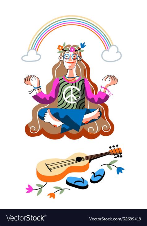Hippie Girl Sitting In Lotus Pose Front Guitar Vector Image