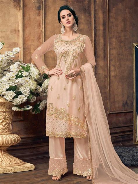 Light Peach Embroidery And Pearl Embellished Pakistani Pant Suit Will