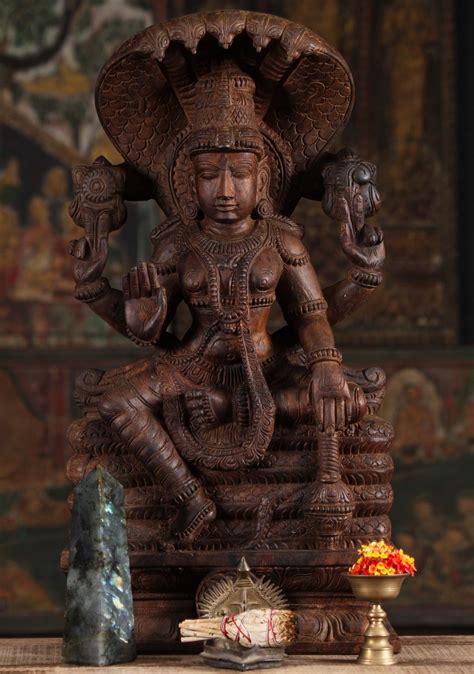 Sold Wood Abhaya Vishnu Sitting On Ananta Shesha 24 94w9ay Hindu