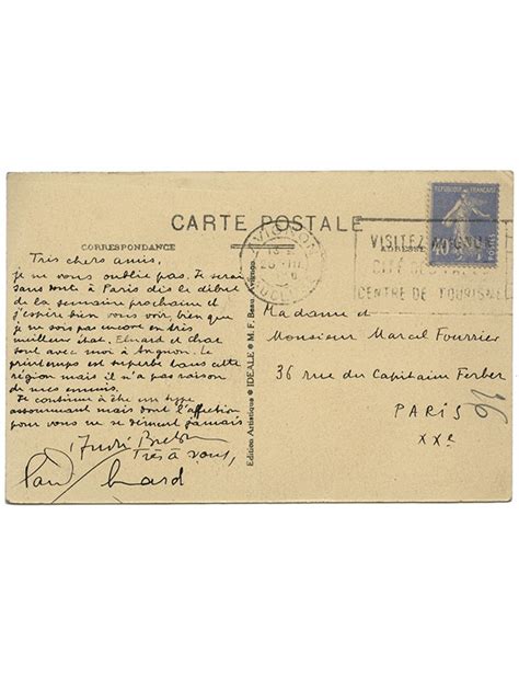 Breton Andr Eluard Paul Carte Adress E Marcel Fourrier Mars