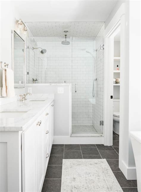 White Subway Tile Gray Floor Bathroom Floor Roma