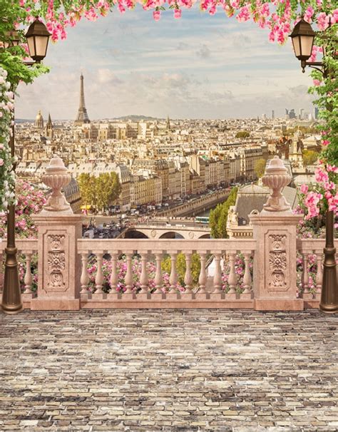 5x7ft Daylight Paris City View Eiffel Tower Flowers Branch Platform