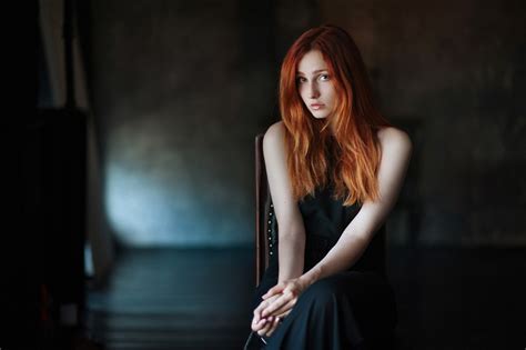 Wallpaper Black Redhead Long Hair Looking At Viewer Sitting