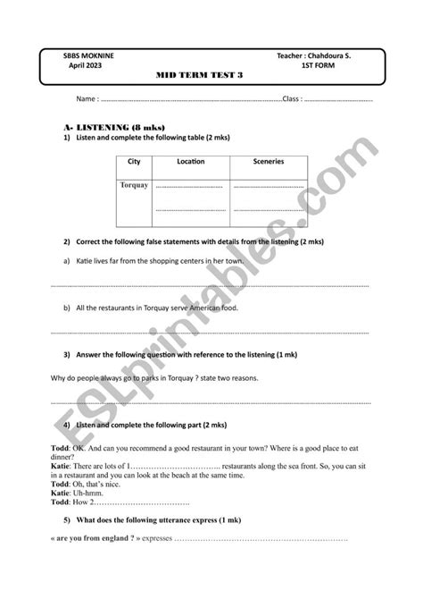 Mid Term 3 Test 1st Form Esl Worksheet By Slimsouad208uk