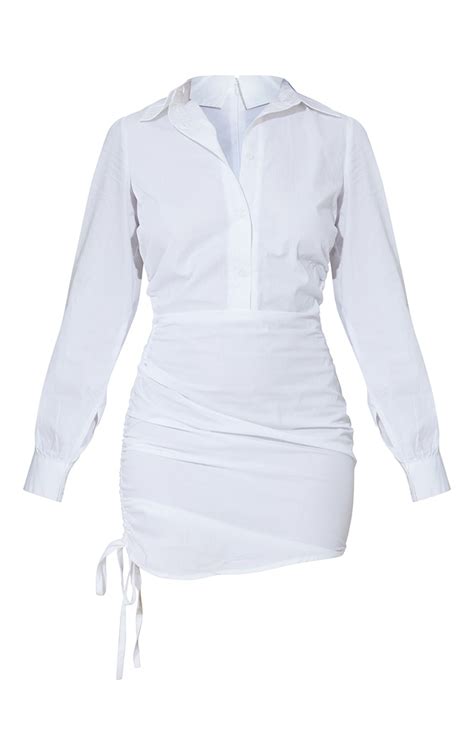 White Ruched Side Fitted Shirt Dress Prettylittlething Qa