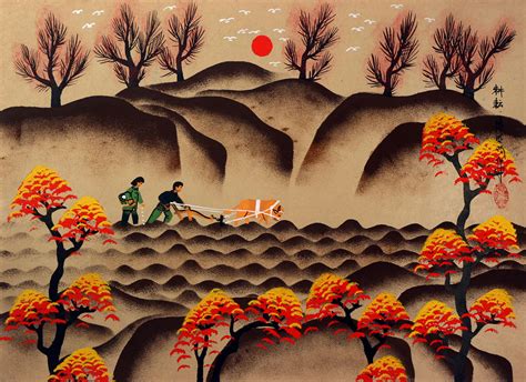 Plowing And Weeding Chinese Peasant Folk Art Painting