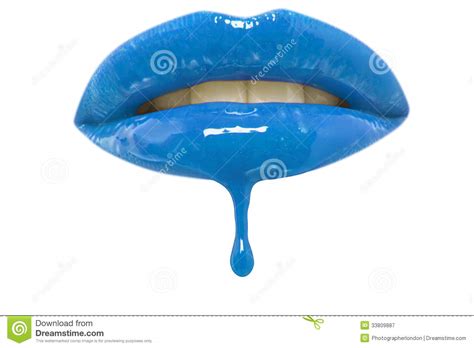 Close Up Of Blue Lip Gloss Dripping From Womans Lips Over