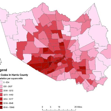 Choropleth Map Showing Population Density Of Zip Codes With Harris