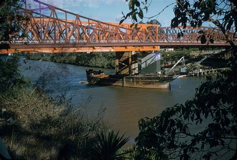 Indooroopilly is situated 5 miles from brisbane. The rail bridge, looking down the Brisbane River towards ...