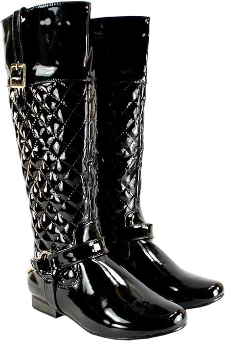 womens flat patent knee high quilted wide calf riding gusset boots uk sizes 3 8 black