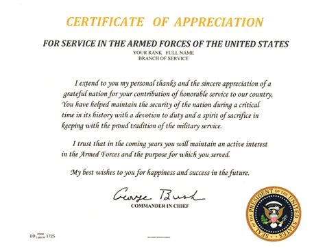 Presidents Certificate Of Appreciation George Bush Military