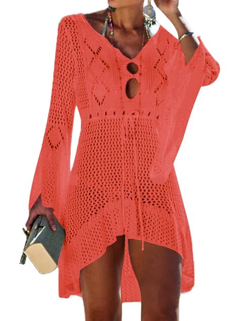 Woman Cover Up For Beach Summer Knit Hollow Out Swimwear Bandage V Neck