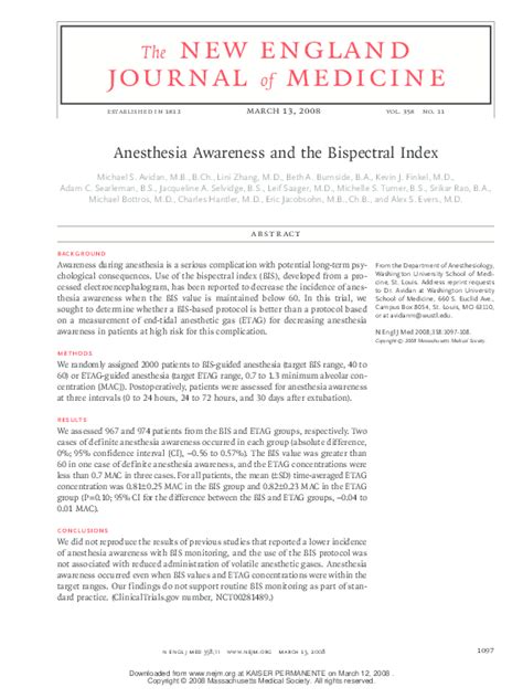 Pdf Anesthesia Awareness And The Bispectral Index Lulong Bo