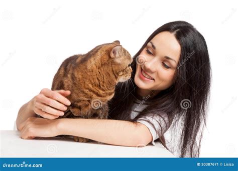 Beautiful Smiling Brunette Girl And Her Ginger Cat Over White Ba Stock Image Image Of Portrait