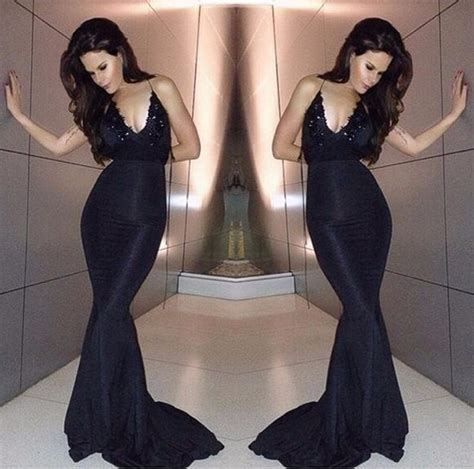 Sex Black Mermaid Spaghetti Strap Open Back Prom Dress With Lace