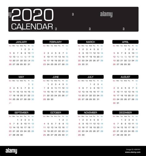 2020 Year Calendar Template Stock Vector Image And Art Alamy