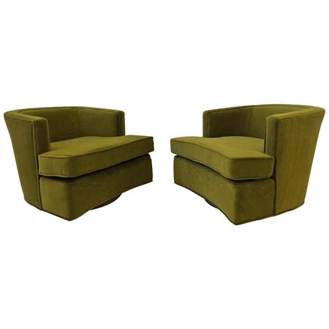 Pair Of Olive Green Mohair Swivel Lounge Chairs By Harvey Probber At