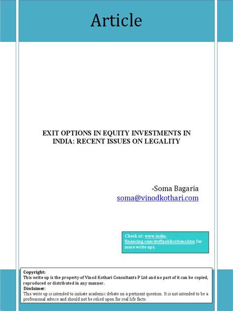 Browse relevant sites & find options for investment. Exit Options in Equity Investments in India Recent Issues ...