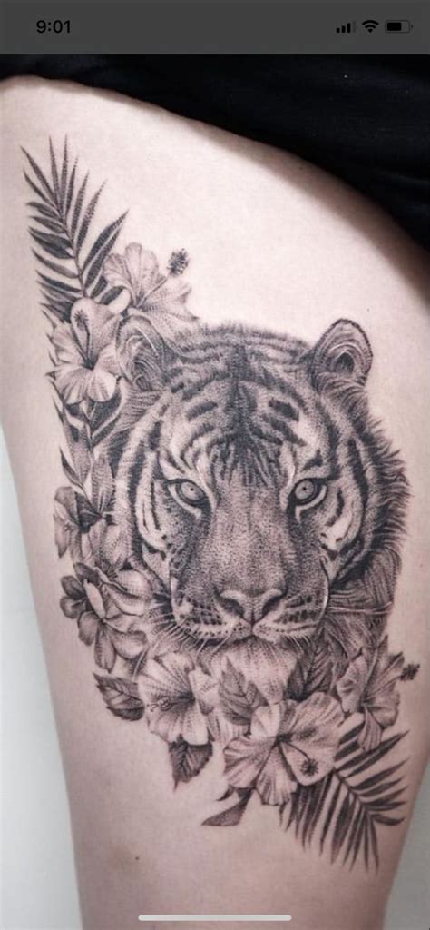 Tiger With Florals Tattoo On Thigh Stomach Tattoos Women Thigh