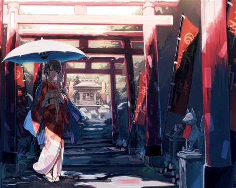 Wallpaper Traditional Clothes Umbrella Anime Girl Shrine Kimono