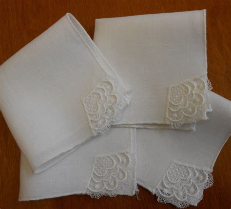 Set Of Vintage White Linen Embroidered And Crocheted Luncheon Napkins