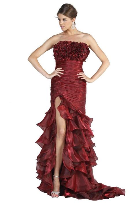 Mermaid Strapless High Slit Burgundy Organza Ruffle Prom Dress