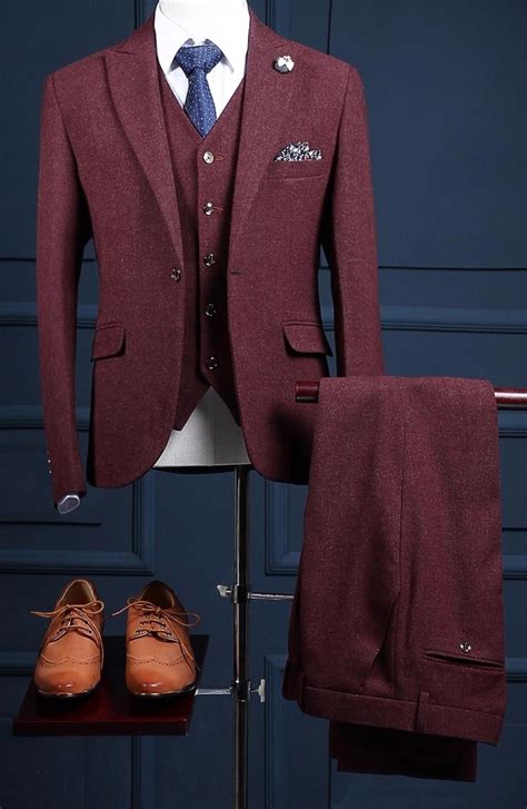 Autumn Winter Burgundy Tweed Groom Tuxedos Italian Style Man Suit 3