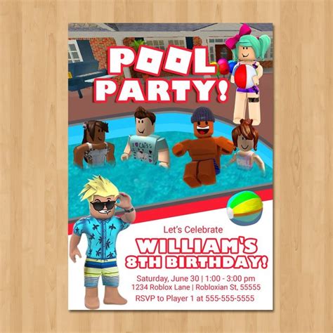Roblox Pool Party Invitation Pool Party Roblox Birthday Party Invite