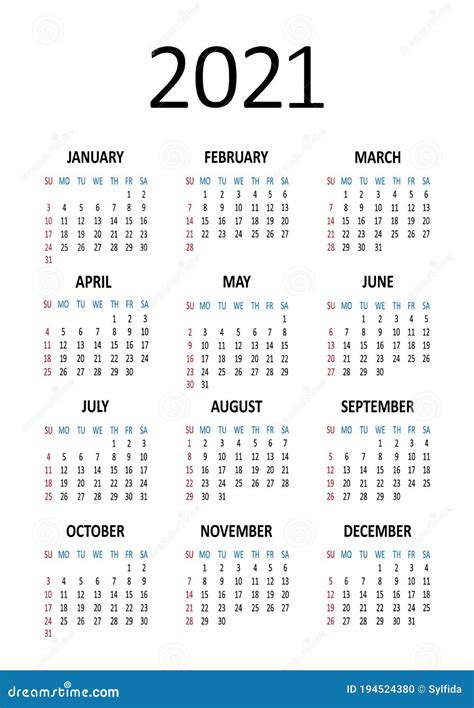 Calendario Anual 2021 La Semana Comienza El Domingo Vector Stock De